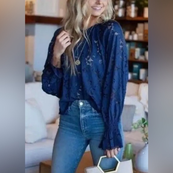 Free People Olivia Lace Top Long Sleeve Ruffle Semi-Sheer Feminine Romantic XS - Picture 2 of 14